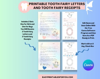 Editable Tooth Fairy Letter, Tooth Fairy Receipt Printable, Instant Download, PDF and Canva Template Editable, First Lost Tooth Certificate