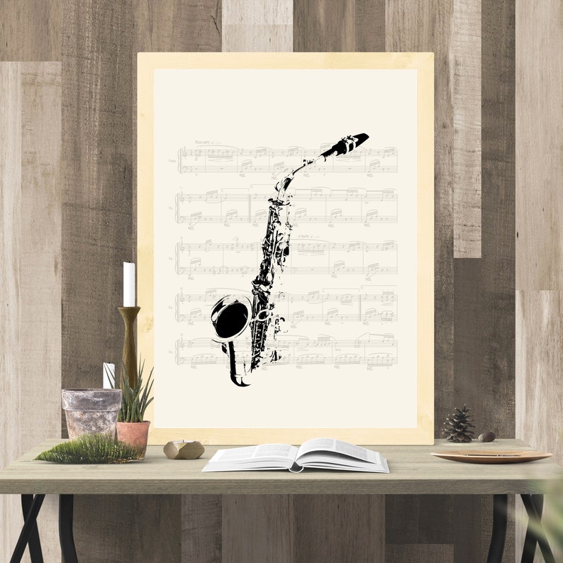 Vintage Saxophone Wall Art With Sheet Music Background Etsy