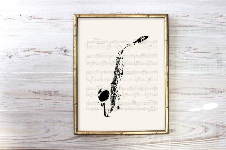 Vintage Saxophone Wall Art With Sheet Music Background Etsy