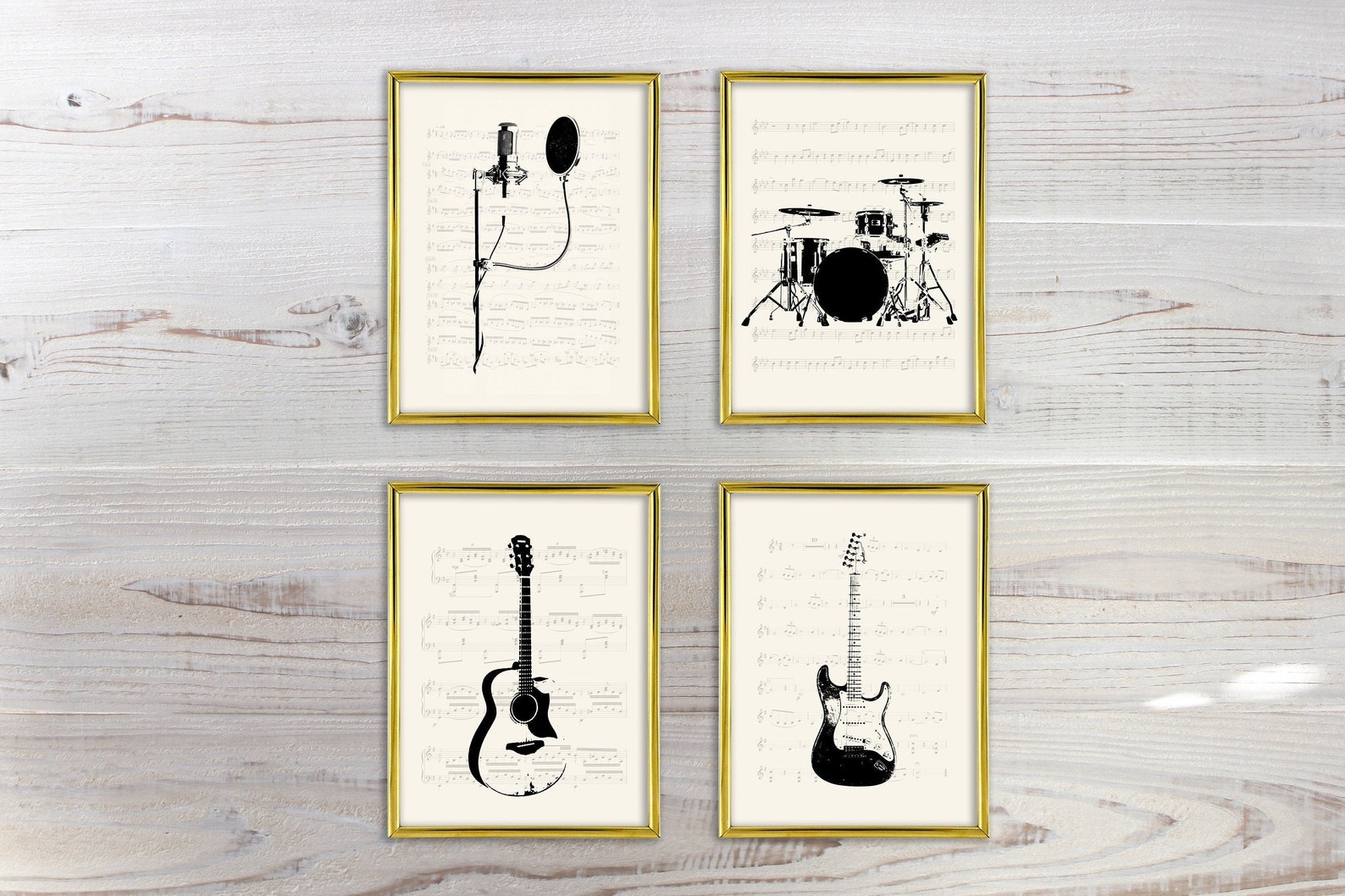 Rock Band Wall Art Set Of 4 With Sheet Music Background Etsy