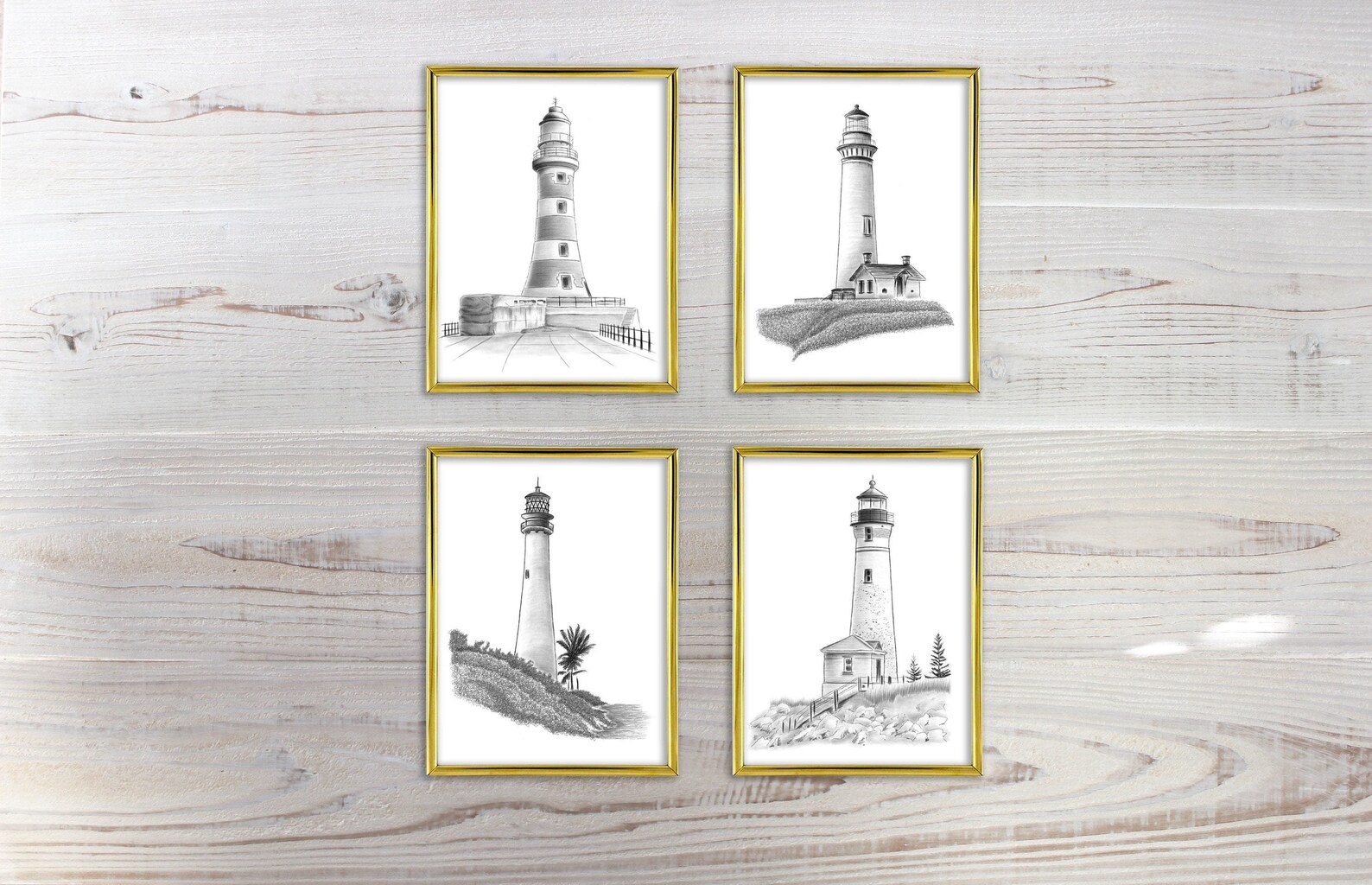Set of 4 lighthouse Wall Decor Nautical Art Set Hand drawn Etsy