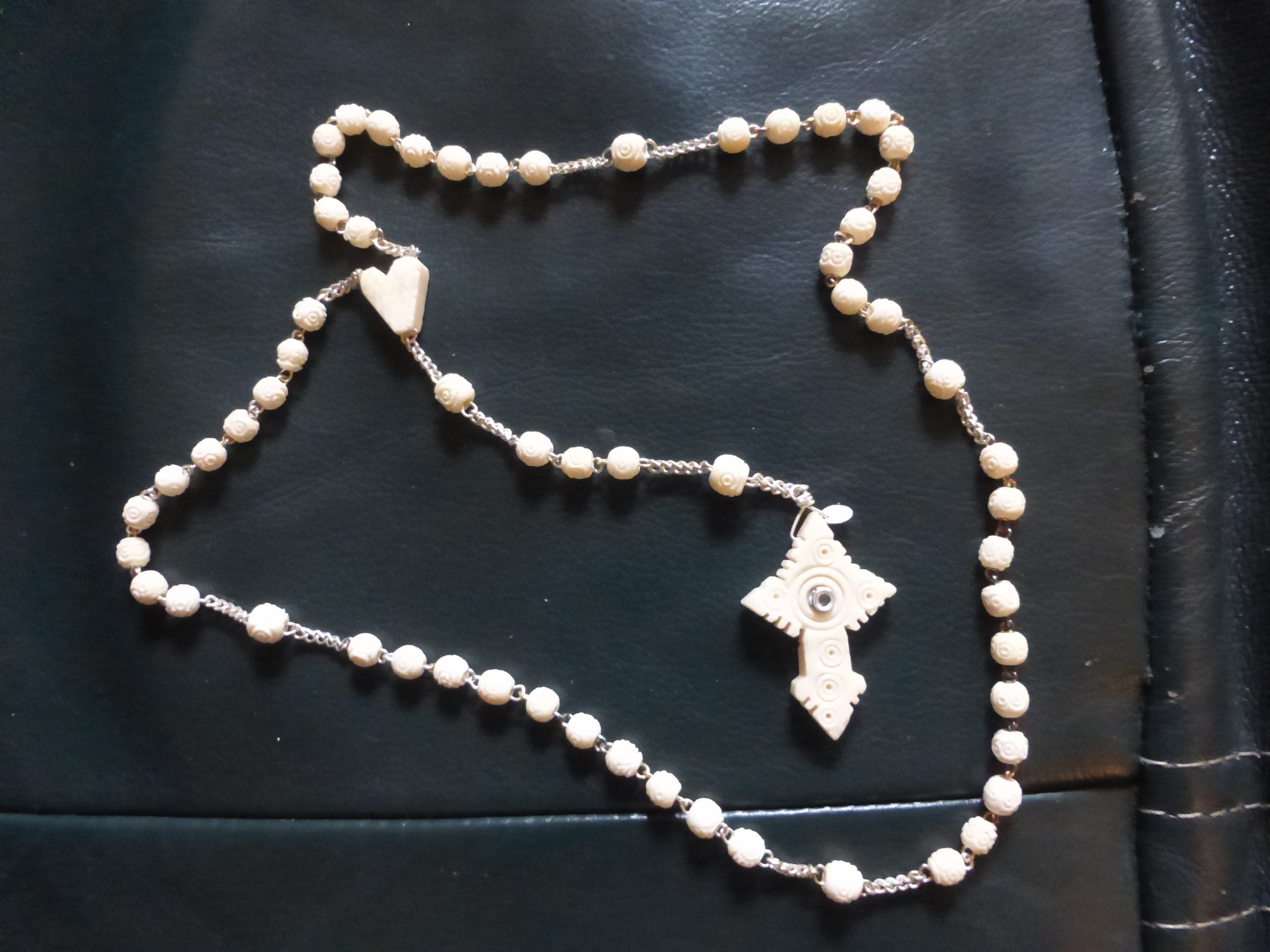 Très Ancien Chapelet Tout en Os de Bovin Croix Vue Stanhope Grotto Of Our Lady Lourdes St Francis Mo