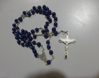 Rosario antico Fab France da 59 grani in lapislazzuli montati su argento