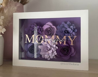 Mom &quot;I Love You&quot; Assorted Purple Flower Box | Paper Rose Gift Box | Paper Flower Shadow Box | Customized Gift for Mother&#39;s Day