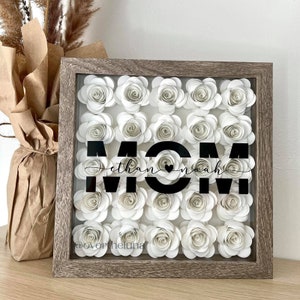 Białe pudełko MOM Flower Box | Pudełko prezentowe z papierowymi różami | Pudełko z papierowymi kwiatami w kształcie cienia | Spersonalizowany prezent na urodziny, rocznicę, walentynki, Boże Narodzenie
