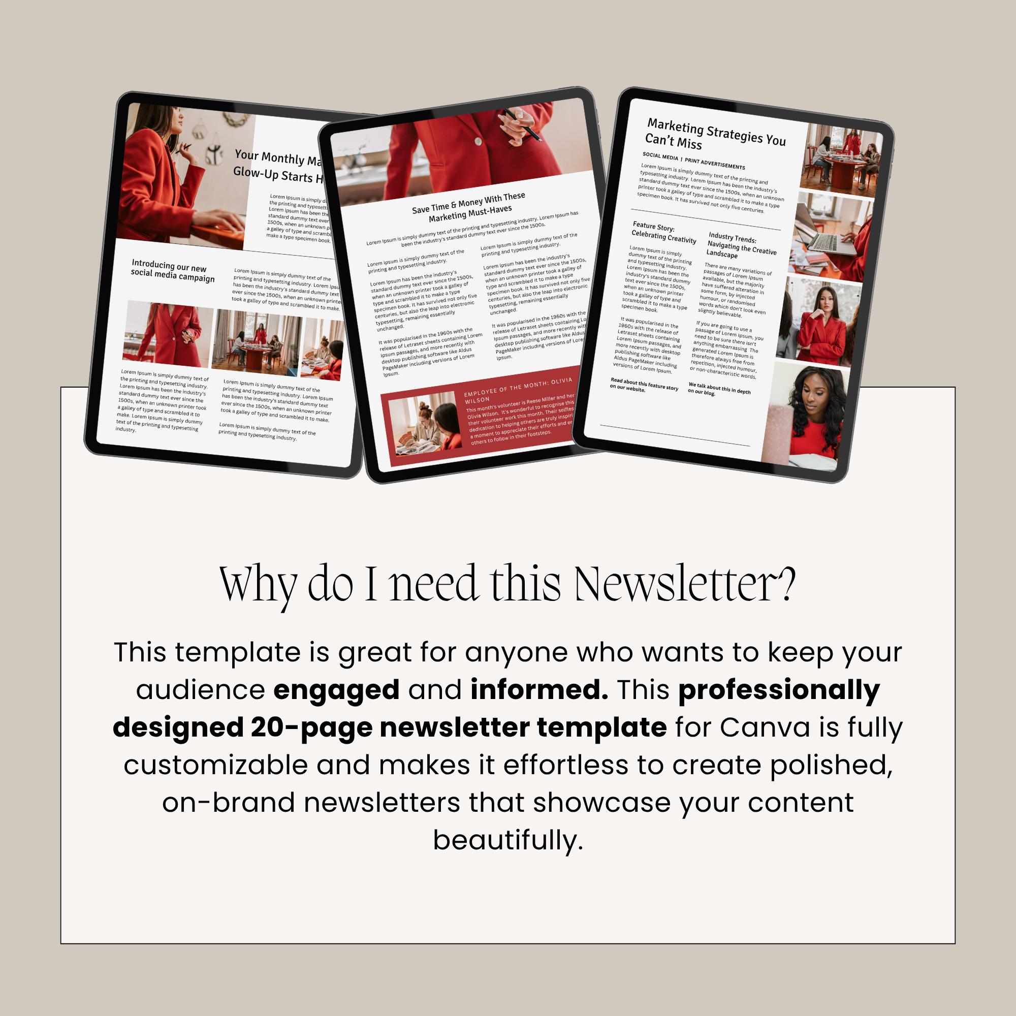 Newsletter Red Feminine Red Newsletter Canva Template: 20-page A4 Design (digital ...
