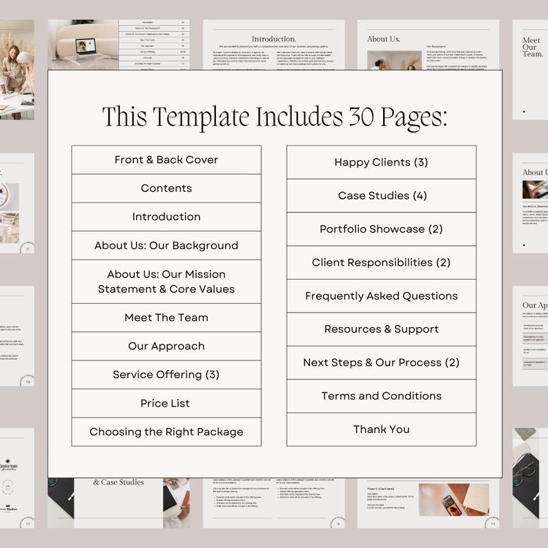 Image depicts the template pages included in the canva template of the services and pricing guidelines. Range of aesthetic template pages. Easy to edit.