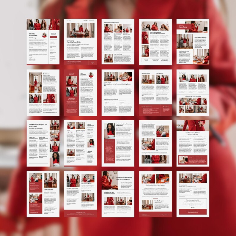 Newsletter Red Feminine Red Newsletter Canva Template: 20-page A4 Design (digital ...