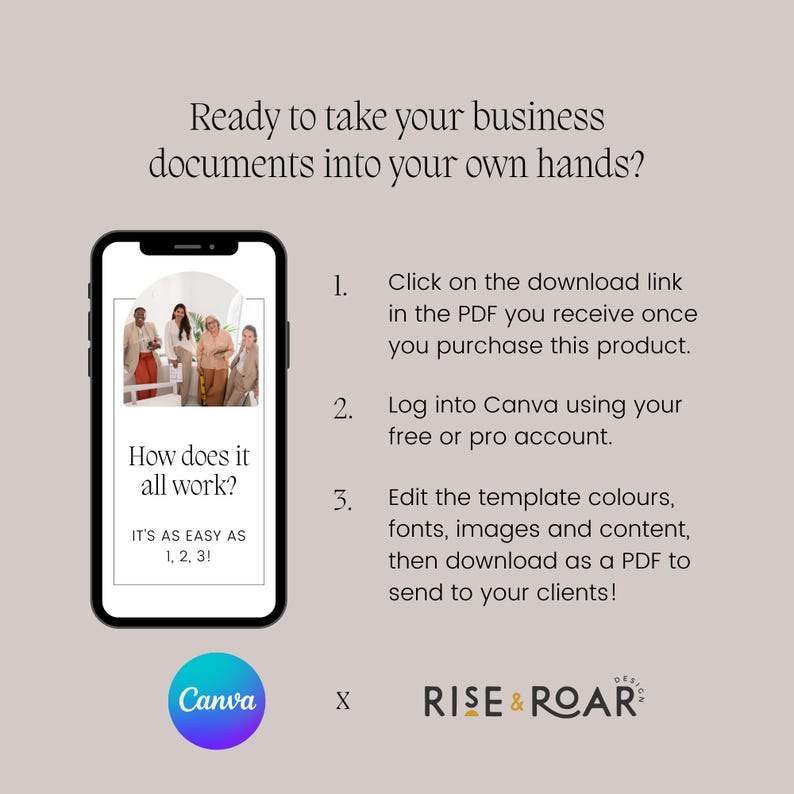 Like this template and would like to buy it? Follow these steps: 1. Click on the download link in the PDF you receive once you purchase this product. 2. Log into Canva using your free or pro account. 3. Edit the template colours, fonts, images and content, then download as a PDF to send to your clients!