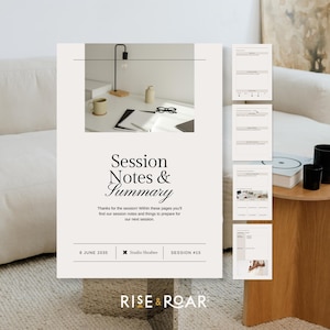 Puede incluir: Una hoja de papel blanca con el texto "Session Notes & Summary" y "¡Gracias por la sesión! En estas páginas encontrarás las notas de nuestra sesión y las cosas que debes preparar para nuestra próxima sesión." La hoja también incluye la fecha "8 DE JUNIO DE 2035", "Studio Shodwe" y "SESSION #15". El texto "RISE & ROAR" está en la parte inferior de la página.