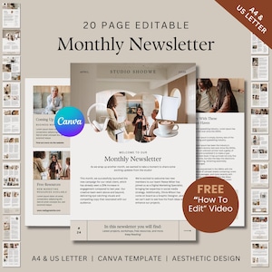 Plantilla Canva editable de boletín mensual de 20 páginas con un diseño estético y fácil de editar con video gratuito sobre cómo editarlo.