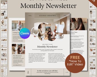 20 page Monthly Newsletter editable Canva Template in an aesthetic, easy to edit design with free how to edit video