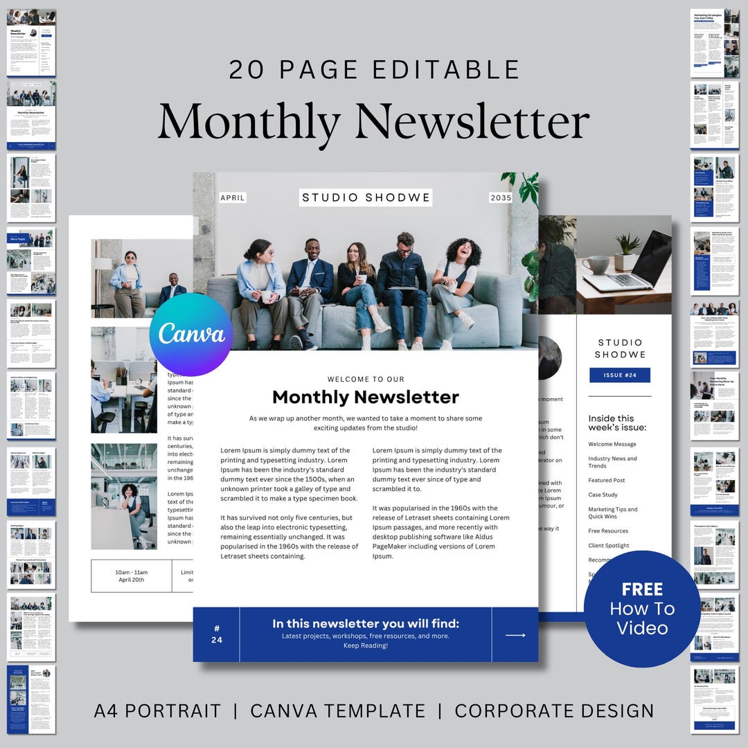 20 Page Monthly Newsletter Editable Canva Template in Blue Corporate ...