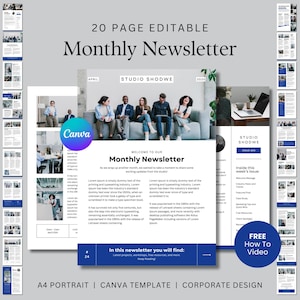 20 page Monthly Newsletter editable Canva Template in blue corporate design, easy to edit design with free how to edit video