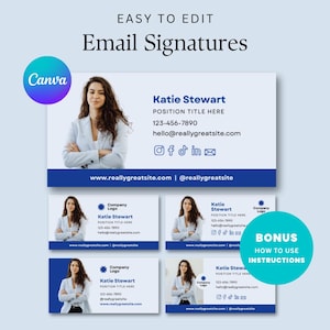 May include: A digital design template for email signatures. The design features a professional headshot, contact information, and social media icons. The template is blue and includes the text "Easy to Edit" and "Email Signatures."