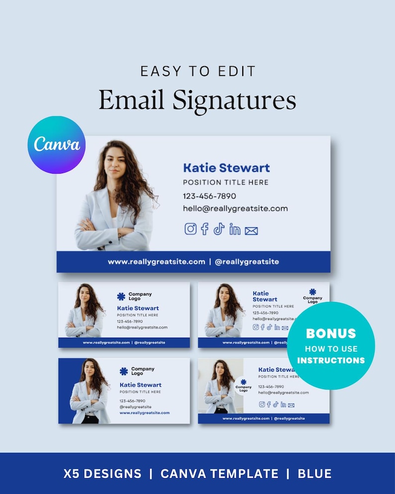 Business Email Signature Examples E-Mail-Signatur in blauem professionellem Corporate Design, 5 Seiten ...