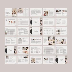 Image depicts the layout of 30 pages included in canva template package services and pricing guide. Pricing pages. Multiple layouts with different content. Aesthetic design.