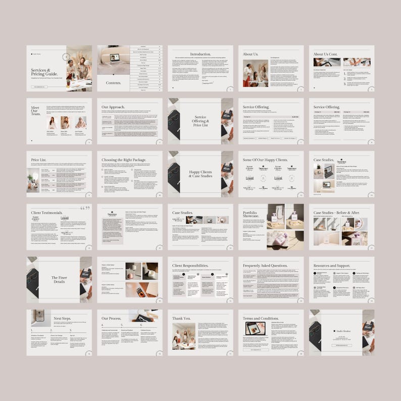 Image depicts the layout of 30 pages included in canva template package services and pricing guide. Pricing pages. Multiple layouts with different content. Aesthetic design.