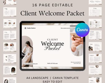 16 page client welcome packet editable canva template in an aesthetic design. Easy to edit welcome kit pack, client onboarding document