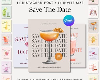 Save The Date Template: Editable Canva Template Invitation & Instagram Post in bright, aesthetic colours and cocktail glass styles