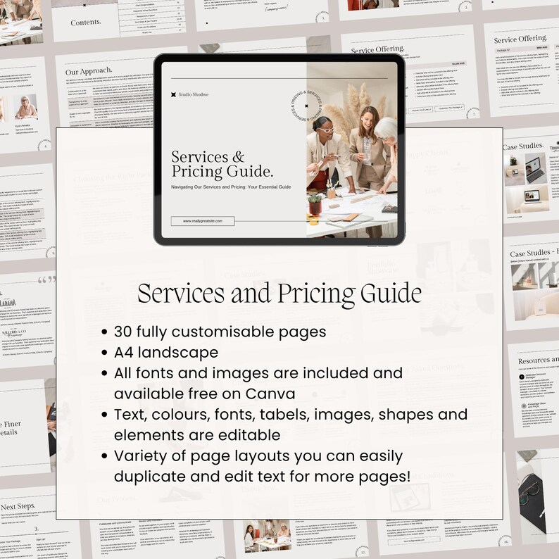 What's included in the services and pricing guide: 30 fully customisable pages, A4 landscape, All fonts and images are included and available free on Canva, Text, colours, fonts, tables, images, shapes and elements are editable, Variety of page layouts you can easily duplicate and edit text for more pages!