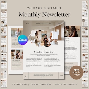 20 page Monthly Newsletter editable Canva Template in an aesthetic, easy to edit design with free how to edit video