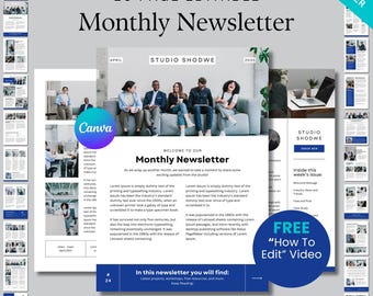 Plantilla Canva de boletín informativo mensual editable de 20 páginas con diseño corporativo azul, diseño fácil de editar con video instructivo gratuito.
