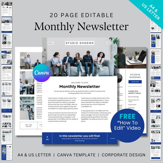 20 page Editable Monthly Newsletter Canva Template in blue corporate design, easy to edit design with free how to video