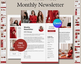 Feminine Red Newsletter Canva Template: 20-Page A4 Design (Digital Download)
