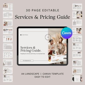 30 Page Editable Services and Pricing Guide Canva Template. 30 page services and pricing guide Canva template, aesthetic, professional, price list, services kit, client onboarding document. Imagery depicts the pages of the template packages.