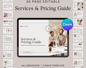 30 page price list template in Canva including services kit, client onboarding document in aesthetic and professional design