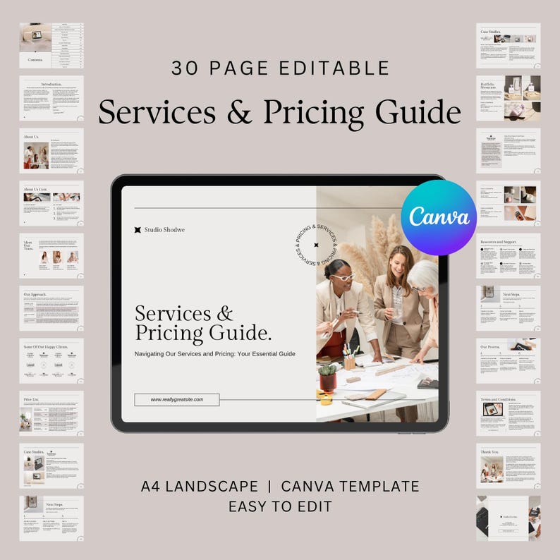 30 Page Editable Services and Pricing Guide Canva Template. 30 page services and pricing guide Canva template, aesthetic, professional, price list, services kit, client onboarding document. Imagery depicts the pages of the template packages.