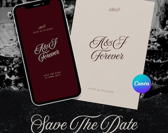 Mall för Canva med "Save the Date"-motiv för bröllop i beige och rött, elegant redigerbar