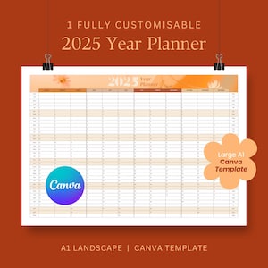 2025年壁掛けカレンダー A1 Canvaテンプレート、年間計画、目標設定、将来計画、花柄、オーガナイザー、会計四半期、美的
