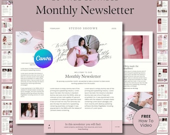 Editable Monthly Newsletter Template: Feminine Pink Canva Design (A4 Portrait, 20 Pages) (Digital Download)