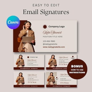 May include: A digital design template for email signatures. The design features a woman holding a tablet, with text that reads "Easy to Edit Email Signatures." The template includes multiple design options in beige and burgundy.