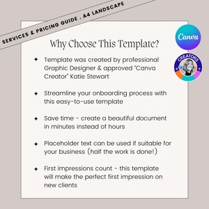 Why choose this template? Template was created by professional Graphic Designer & approved “Canva Creator” Katie Stewart, Streamline your onboarding process with this easy-to-use template, Save time - create a beautiful document in minutes instead of hours, Placeholder text can be used if suitable for your business (half the work is done!), First impressions count - this template will make the perfect first impression on new clients