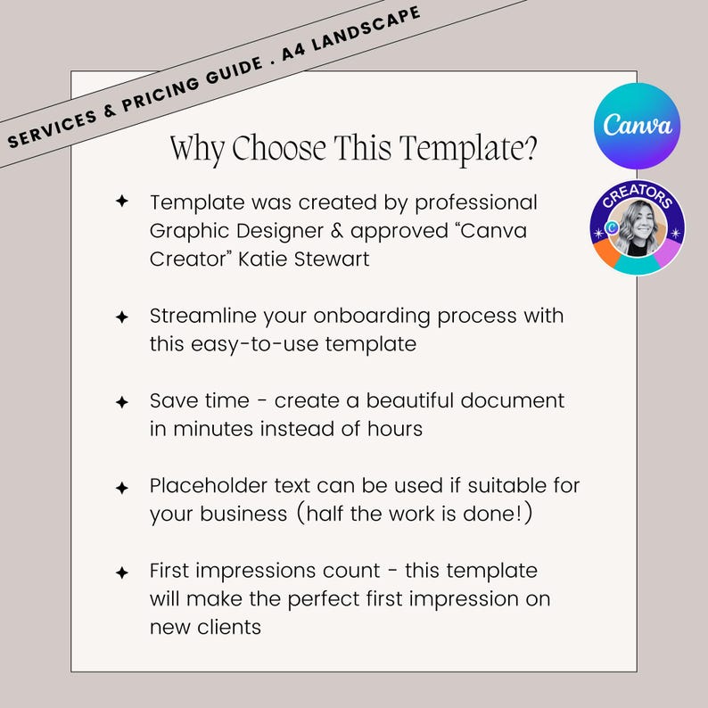 Why choose this template? Template was created by professional Graphic Designer & approved “Canva Creator” Katie Stewart, Streamline your onboarding process with this easy-to-use template, Save time - create a beautiful document in minutes instead of hours, Placeholder text can be used if suitable for your business (half the work is done!), First impressions count - this template will make the perfect first impression on new clients
