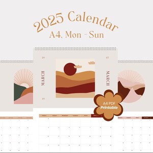 2025年風景カレンダーA4印刷可能。月曜から日曜までの美しいデザインで将来の計画と目標設定に役立ちます。