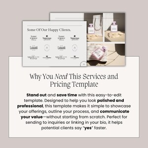 Why you need this services and pricing template: Stand out and save time with this easy-to-edit template. Designed to help you look polished and professional, this template makes it simple to showcase your offerings, outline your process, and communicate your value—without starting from scratch. Perfect for sending to inquiries or linking in your bio, it helps potential clients say “yes” faster.