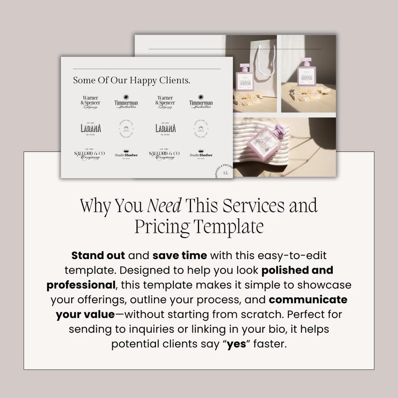 Why you need this services and pricing template: Stand out and save time with this easy-to-edit template. Designed to help you look polished and professional, this template makes it simple to showcase your offerings, outline your process, and communicate your value—without starting from scratch. Perfect for sending to inquiries or linking in your bio, it helps potential clients say “yes” faster.