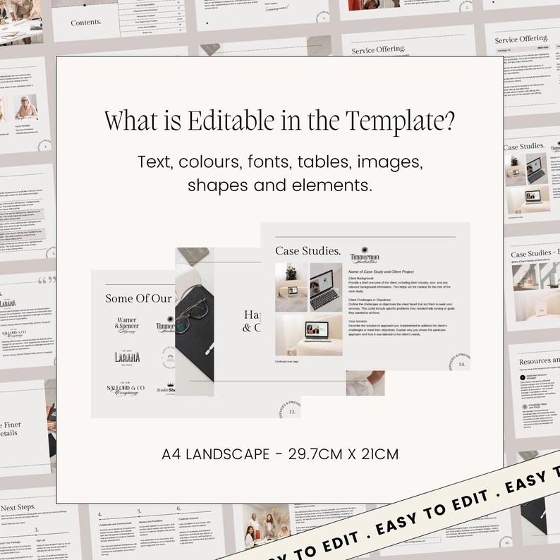 Page depicts what is editable in this template: Text, colours, fonts, tables, images, shapes and elements. A4 landscape design. Services and pricing guide. Price guide. Guidelines document.