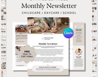 24 page Monthly Newsletter for daycare, schools and childcare, editable Canva Template in beige aesthetic with free how to edit video