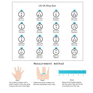 May include: A chart showing US and UK ring sizes with corresponding circumference and diameter measurements in millimeters. The chart is divided into columns with each column representing a different ring size. The chart also includes a diagram showing how to measure your ring size using a piece of paper.