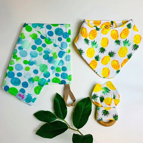 Organic Bib, Burp Cloth and Bunny Ear Teether Set/Bandana Bibs/ Baby Burp Cloth/Teethig Ring/Paci keeper/Organic gauze