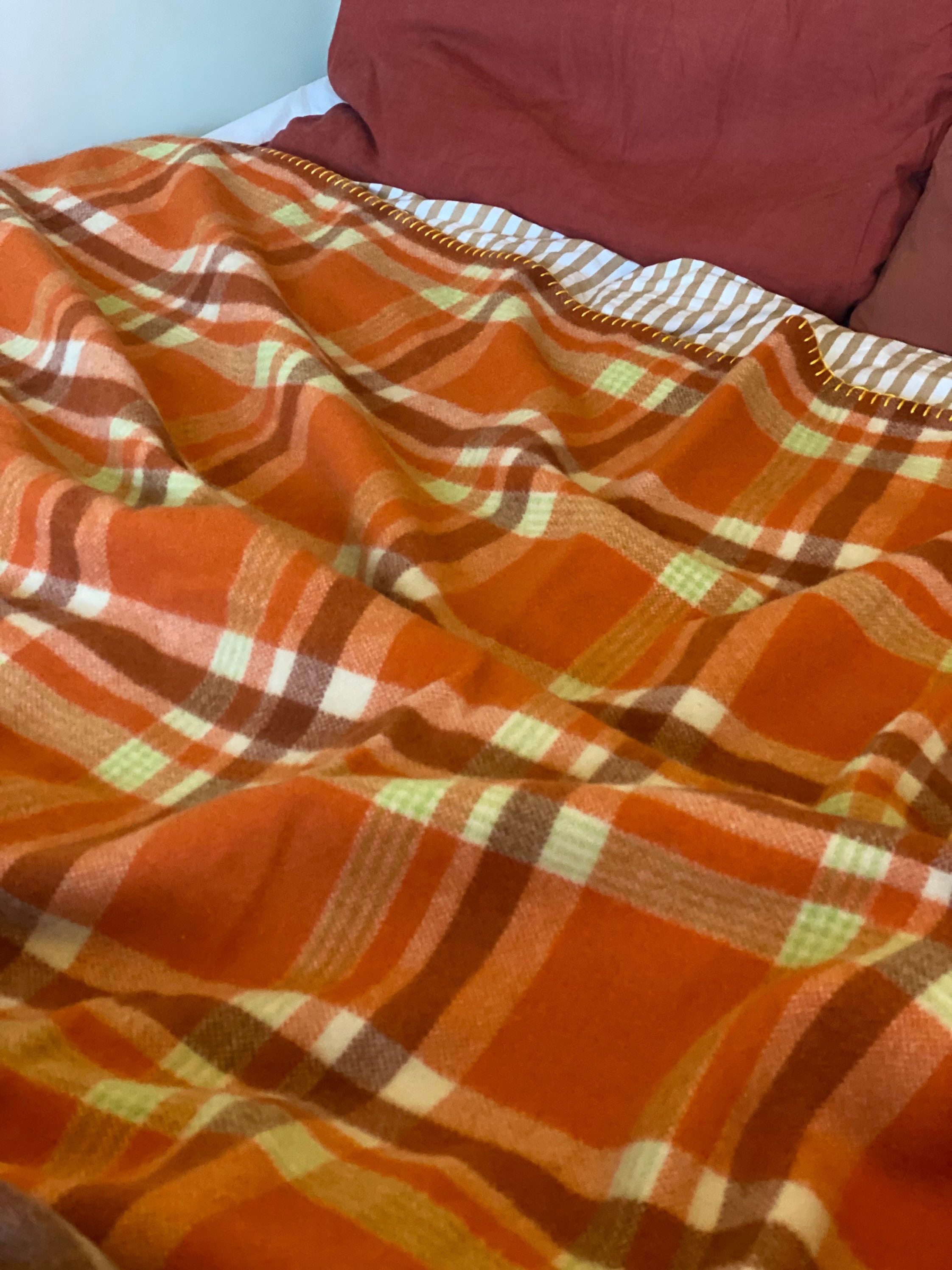 Orange check 100 wool vintage blanket with handstitched Etsy