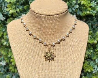 Gold Pearl Necklace Sun Charm Necklace