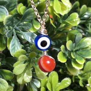Carnelian evil eye wire wrapped pendant chain necklace