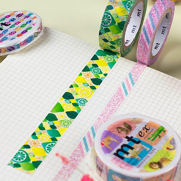 MT EX Washi Tapes: Pink Flower Stripe, Flower Line, Drops Line, Fish Line, Spring Pattern, Citrus, Orange Juice, Geometric Animals