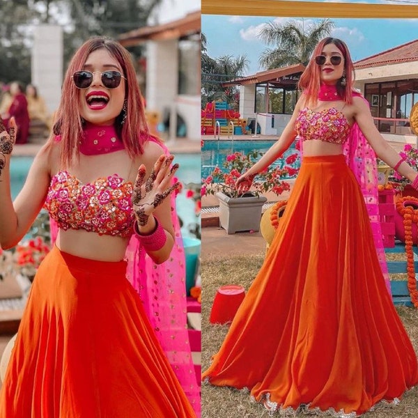 Orange Lehenga Choli Forwomen Ready To Wear In Usa , Free Shipping Indian Designer Georgette With Net Dupatta Lehenga For  Women